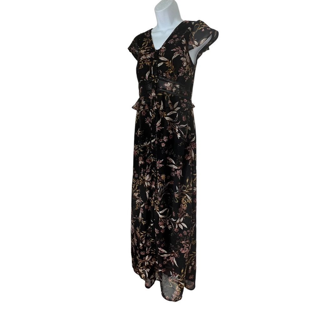 Japna Black Floral Midi Boho Cottagecore Flutter Sleeve Romantic Flowy Dress S - Picture 3 of 11